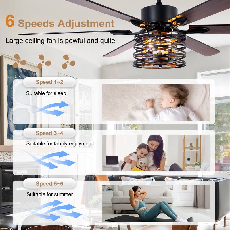 Bella Depot 65" Industrial Metal Cage Ceiling Fan with Light and Remote 6-Speed Reversible Fan