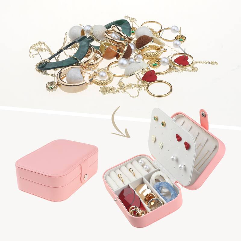 Travel Jewelry Box for Women, Teen Girl Gifts, Portable Leather Jewelry Organizer Case Storage Display Holder - 16x11x5cm - Pink