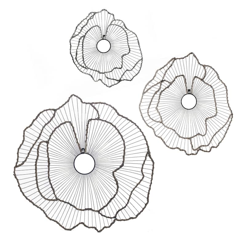 30, 24, 18 Inch Set of 3 Decorative Metal Flowers, Wall Decor Black, Gold