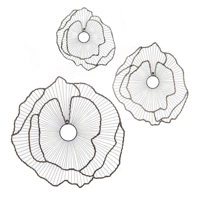 30, 24, 18 Inch Set of 3 Decorative Metal Flowers, Wall Decor Black, Gold