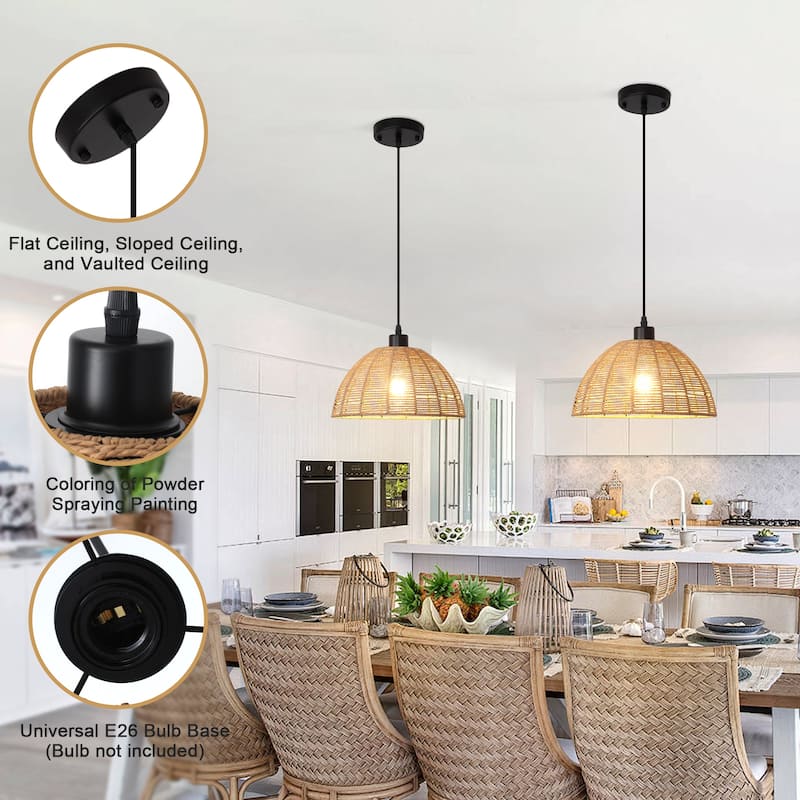 1-Light Dome Hanging Pendant Light Chandelier with Paper Rattan Shaded for Kitchen Island