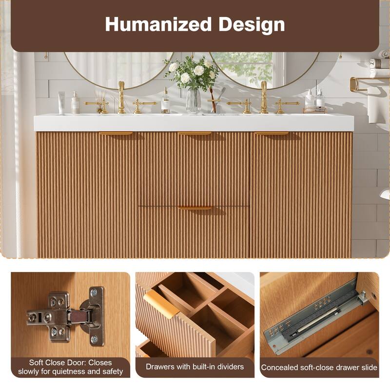 GDFStudio - Mercer Transitional Wall Mounted Bathroom Vanity Cabinet with Double SMC Sink, Soft Close Doors & Drawers