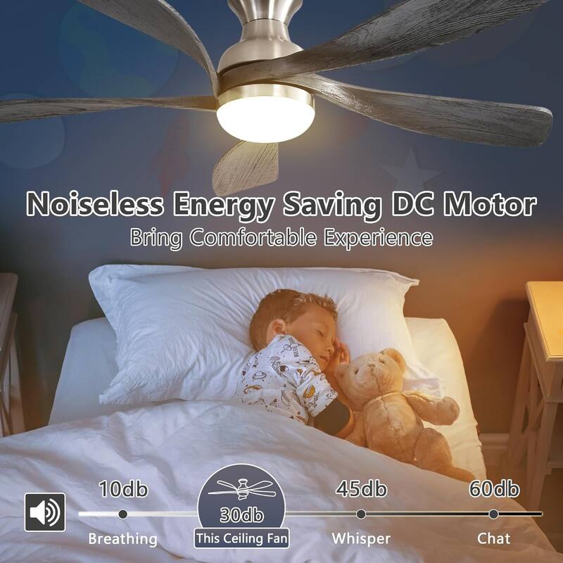 52 Inch Flush Mount Ceiling Fan with Dimmable 3 Colors LED Light, Reversible Noiseless DC Motor Smart Ceiling Fan
