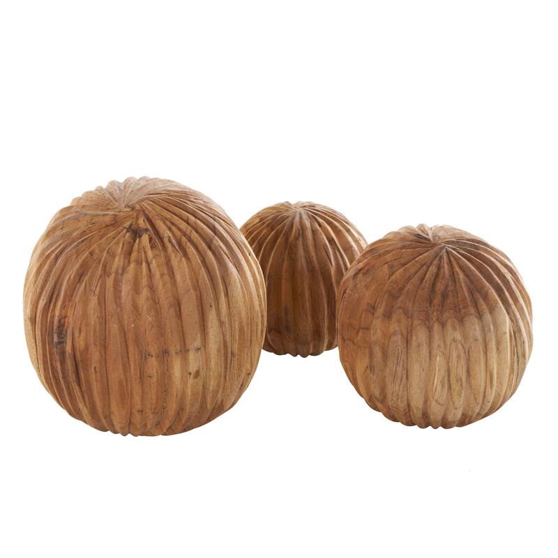 Brown or Black Teak Wood Handmade Carved Textured Orbs & Vase Filler with Ridges (Set of 3)