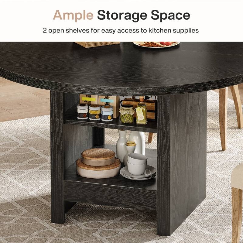 47'' Black Round Dining Table Kitchen Table with 2 Tier Storage Shelf