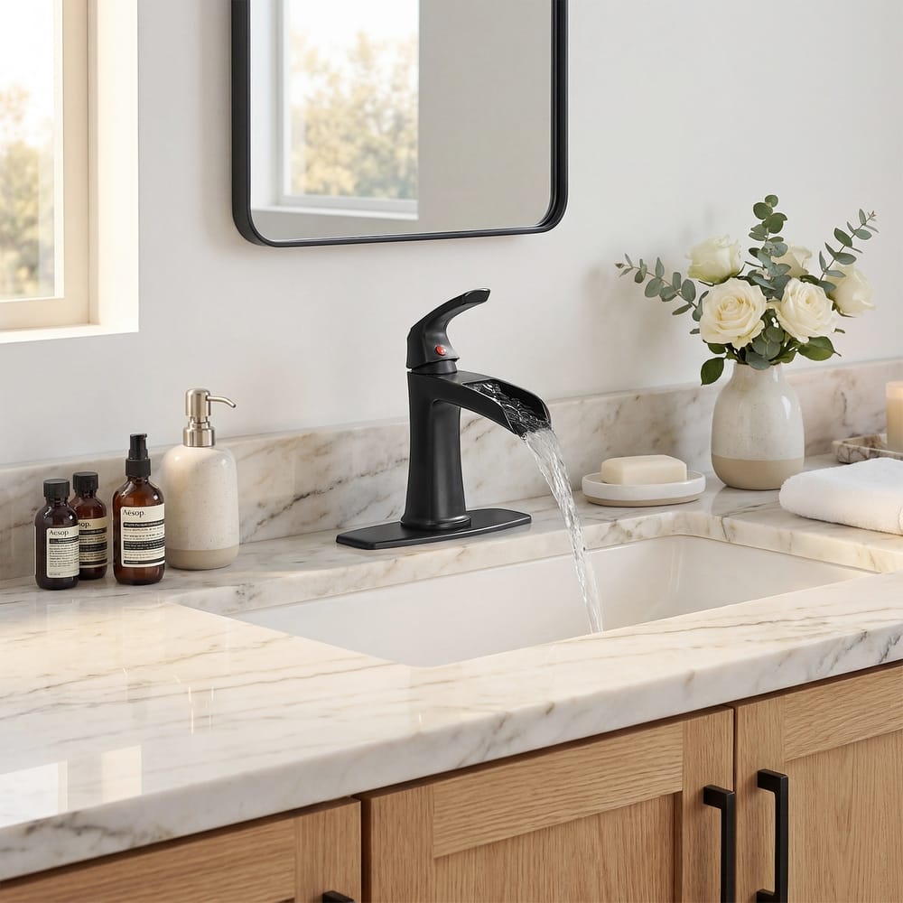 Single hole 1-handle Waterfall Handle Bathroom Sink Faucet with Drain with Deck Plate