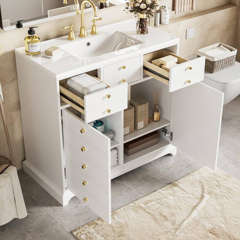 36'' Freestanding Bathroom Vanity in White with White Integrated Ceramic Sink - 36'' x 18'' x 33.89''