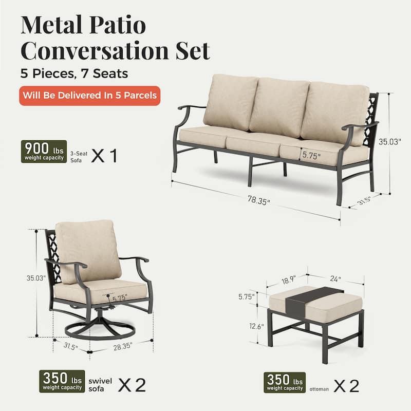 MAISON ARTS Patio Conversation Sets 5/7/9-Seat, Sofa Set with 2 Single Sofa Chairs, 3-Seater Sofa, Ottoman and Coffee Table
