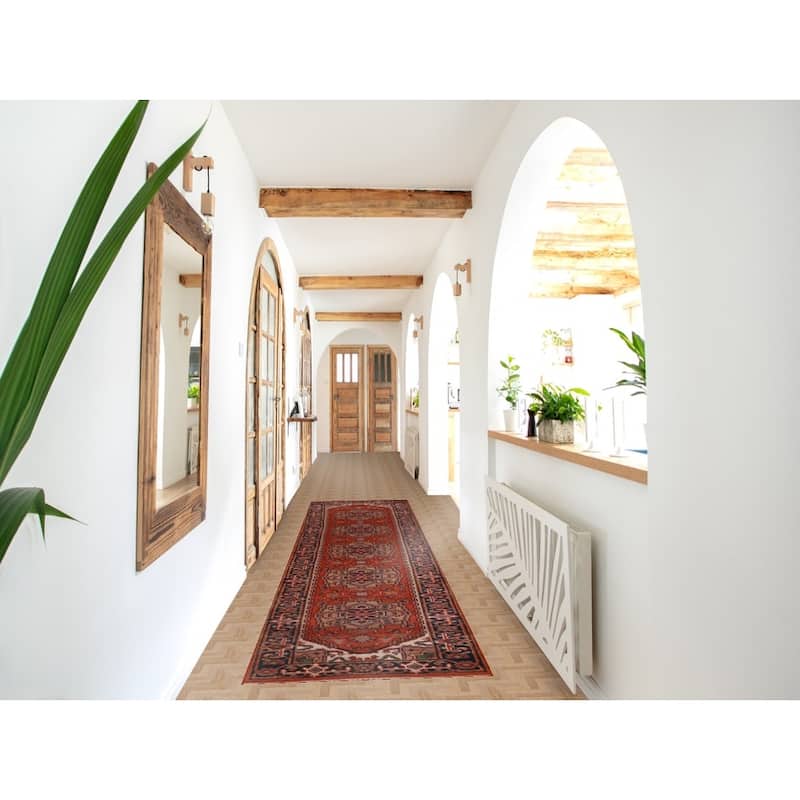 Hand Knotted Oriental 100% Wool Carpet Traditional Geometric Oranges & Rust Heriz (serapi) Runner Rug - 11' 8'' X 2' 6''