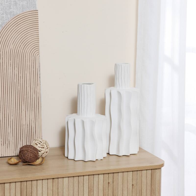 2-Piece White Fluted Stoneware Table Vase Set