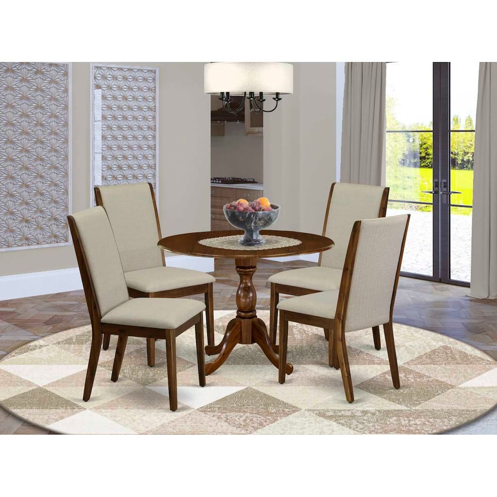 HomeStock 5-Piece Antique Walnut Finish Solid Wood Top Dining Table with 4 Parson Chair with Drop Leaf Lattice Back