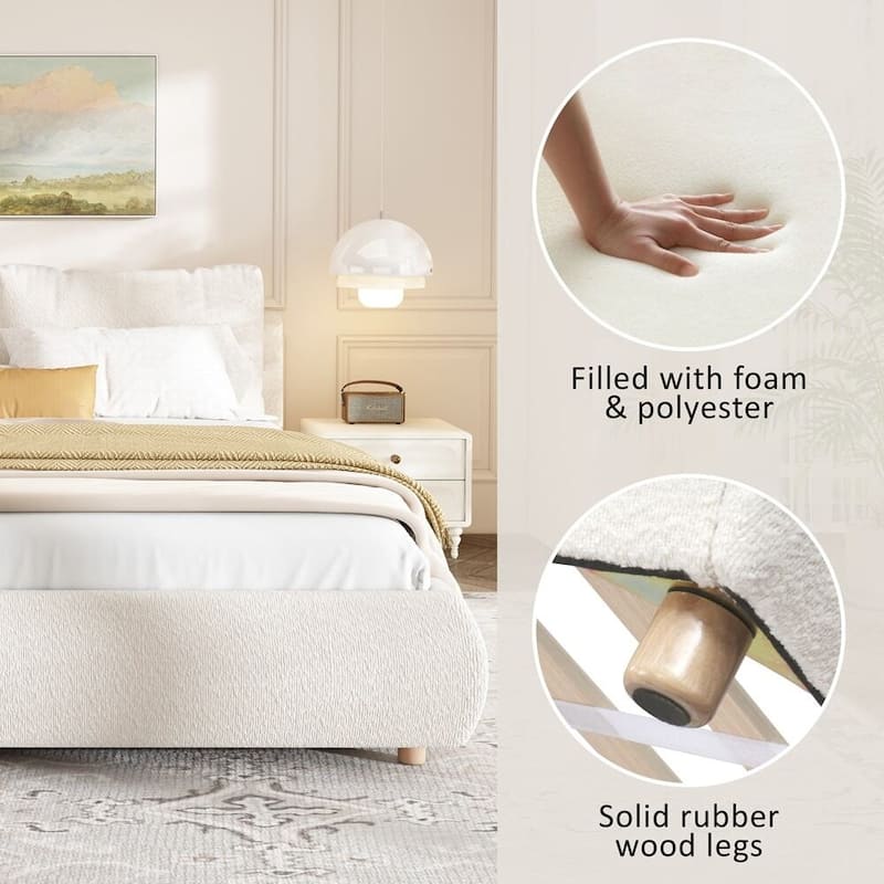 Boucle Fabric Upholstered Platform Bed with Two Removable Pillow Headboard