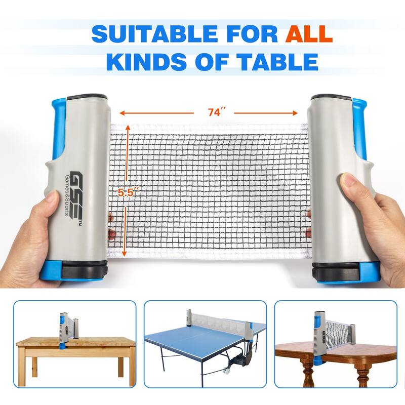 GSE™ Complete Portable Table Tennis Game Set with Retractable Ping Pong Net & Post, 2 Paddles & 3 Ping Pong Balls for Anywhere