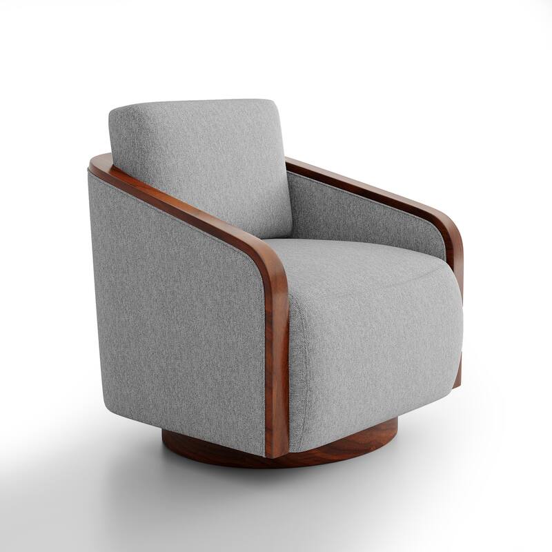 Upholstered Swivel Barrel Chair with Curved Wood Arms