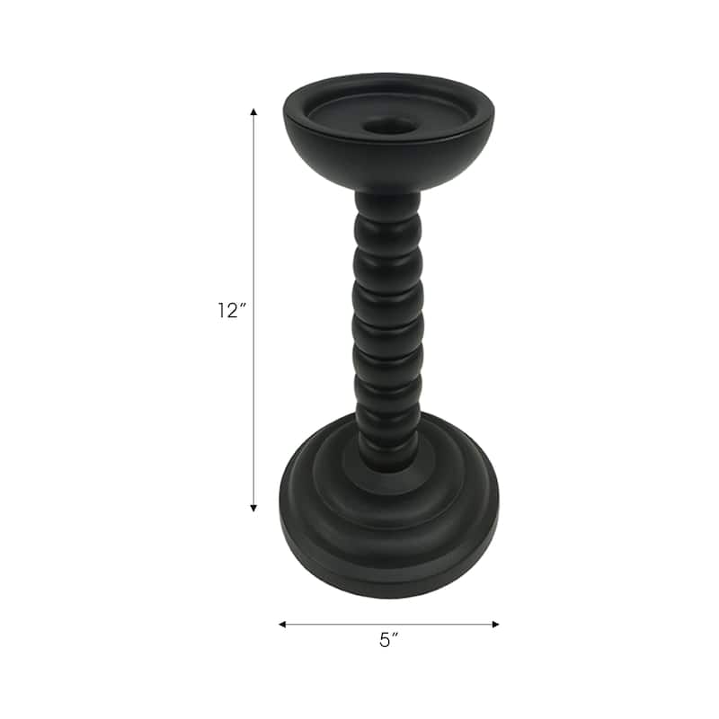 Wood Candle Holder Sculpted Round Base and Turned Detailing Accent