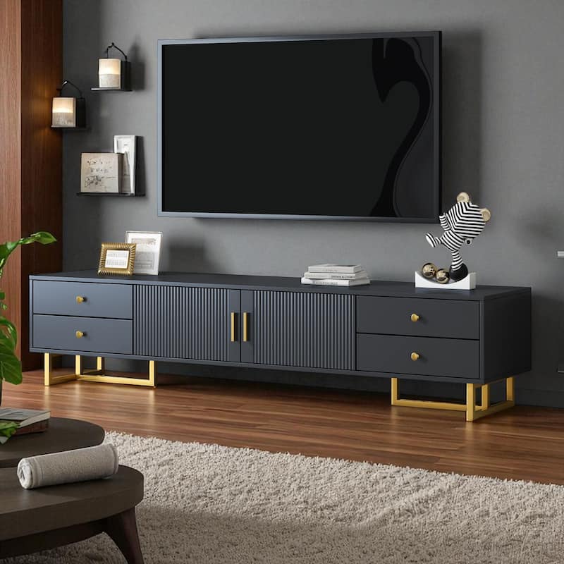 70.9" Modern TV Stand for TVs up to 75", Media Console with 4 Drawers, 1 Cabinet, Wave Groove Doors & Metal Frame