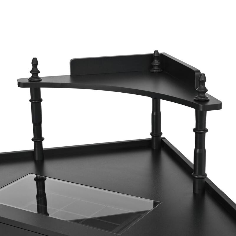 Triangle Makeup Desk with Removable Pull-Out Side Cabinet, Glass Tabletop Makeup Vanity with Drawer and Shelf