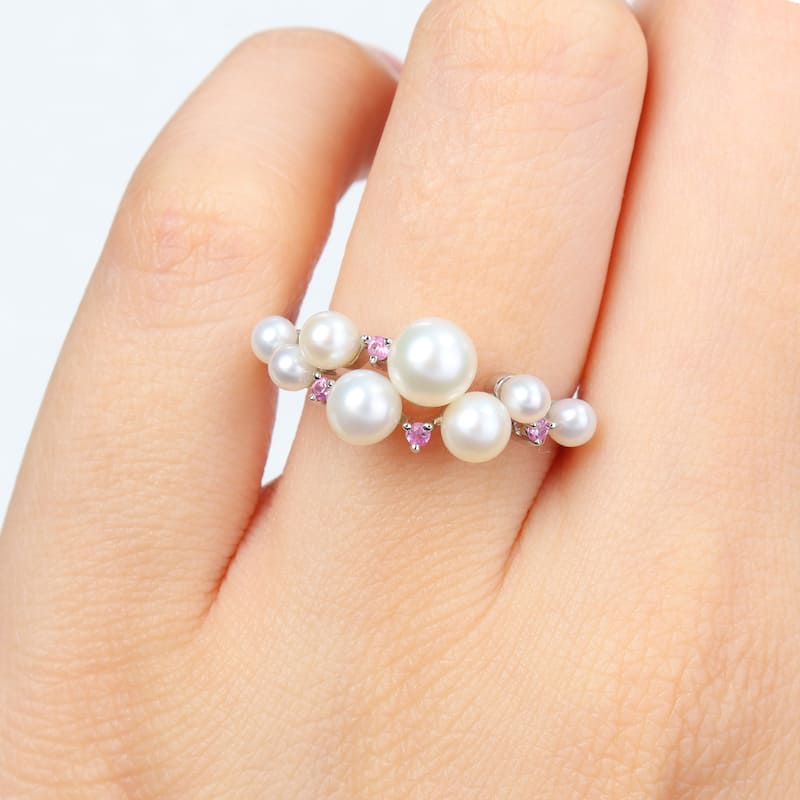 Miadora 3-5.5mm Cultured Freshwater Pearl and 1/10ct TGW Pink Sapphire Ring in Sterling Silver
