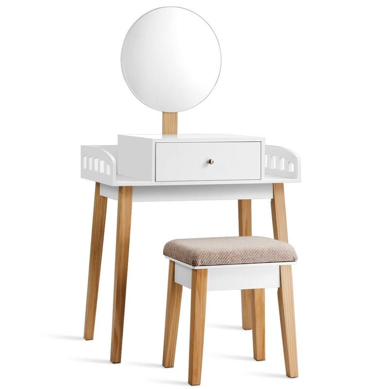 Wooden Makeup Dressing Mirror Table Set with 1 Drawer - 27.5" x 17" x 49.5" (L x W x H)
