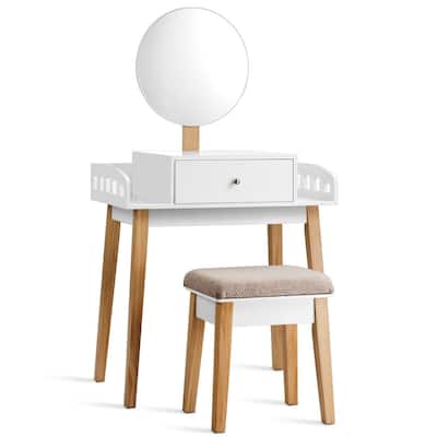Wooden Makeup Dressing Mirror Table Set with 1 Drawer - 27.5" x 17" x 49.5" (L x W x H)