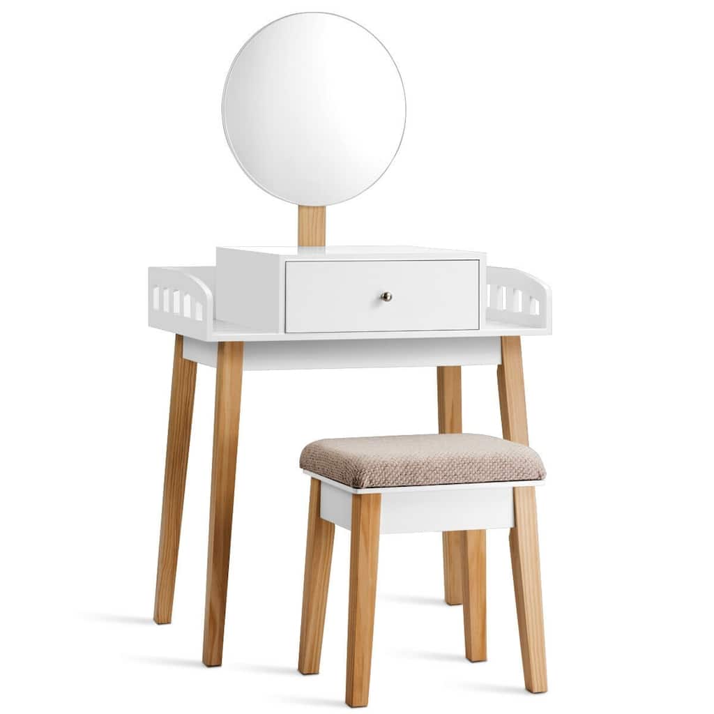 Wooden Makeup Dressing Mirror Table Set with 1 Drawer - 27.5" x 17" x 49.5" (L x W x H)