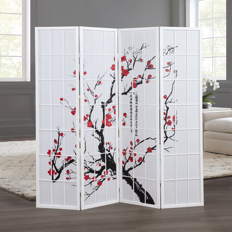 Roundhill Furniture Japanese 4-Panel Screen Room Divider, Plum Blossom - White