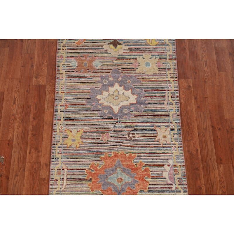 Hand Knotted Oriental 100% Wool Carpet Transitional Floral Multi-Colored Oushak Runner Rug - 9' 9'' X 2' 7''