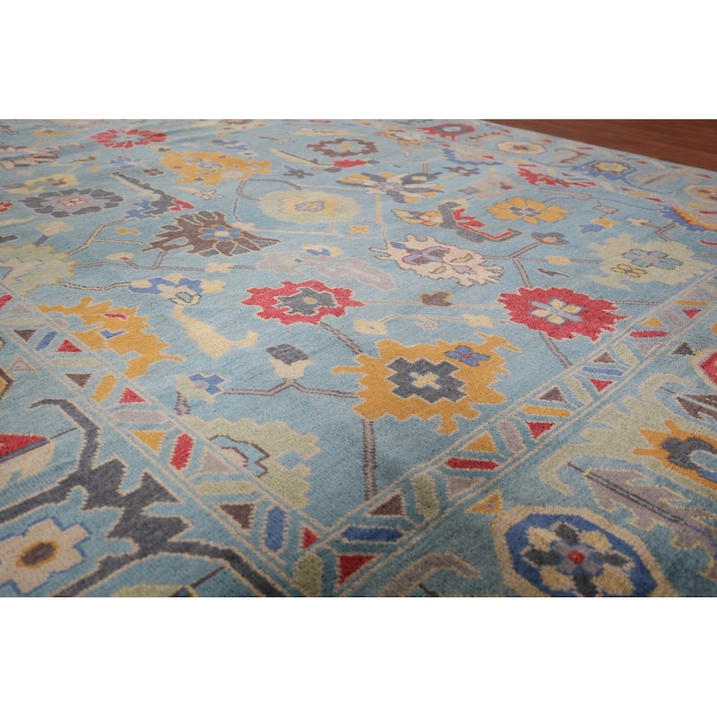Light Blue Oushak Indian Area Rug Hand-Knotted Floral Wool Carpet - 8'11"x 11'11"