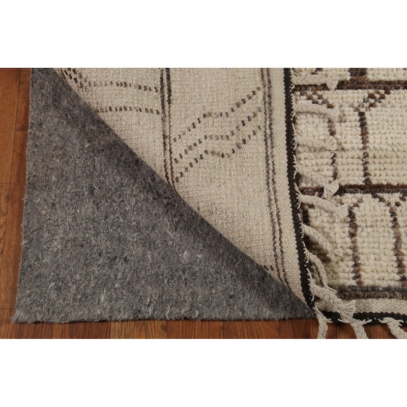 Geometric Ivory Moroccan Oriental Runner Rug Hand-Knotted Wool Carpet - 3'10"x 12'7"