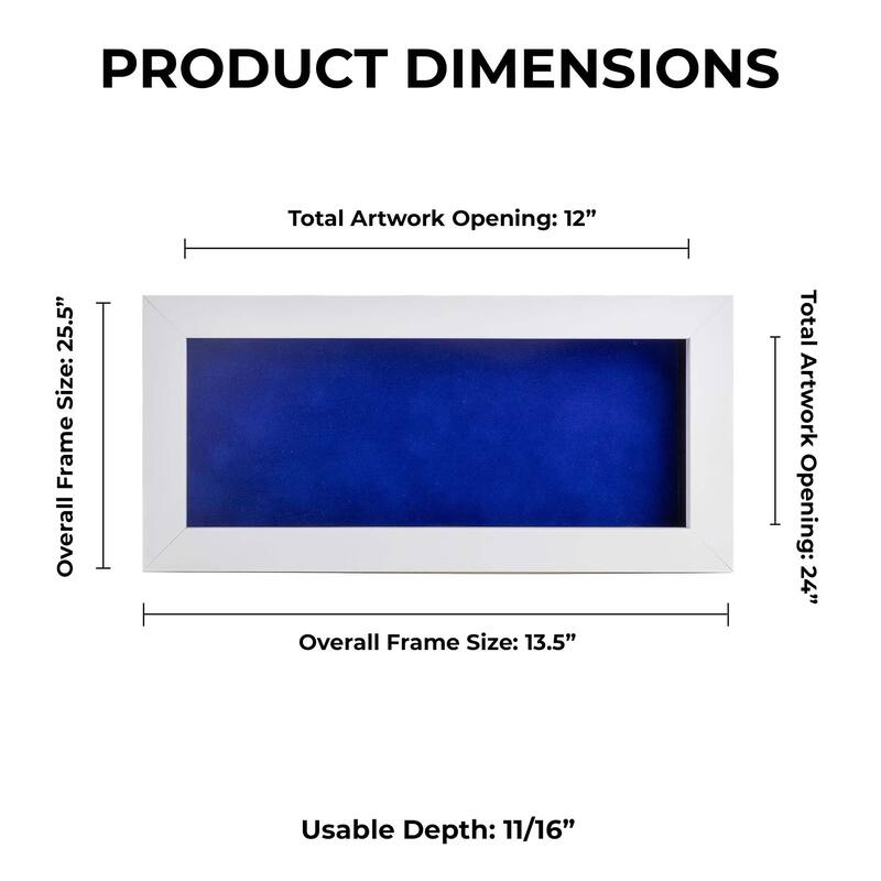 12x24 Shadow Box Frame White Wood | With a 3/4" Usable Display Depth | Includes a Royal Blue Real Suede Texture Acid-Free