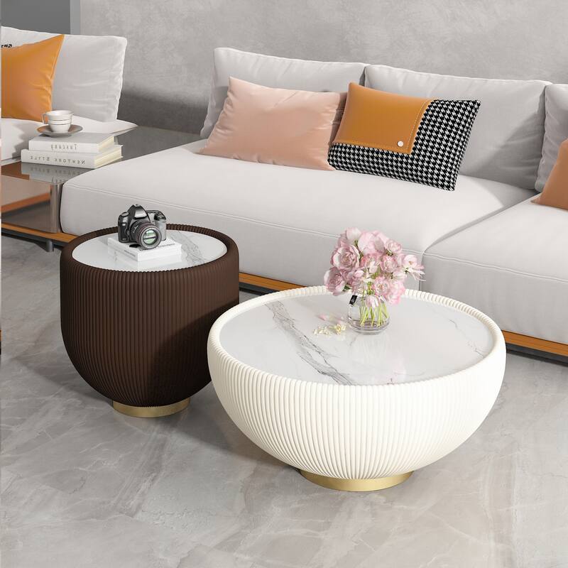 Modern Light Marble Top Cup Shape Leather Edge Coffee Sofa Side Table