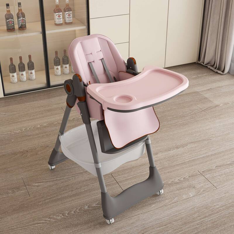 Adjustable High Chair for Babies Aged 0-6 Years with Safety Belt and Lockable Wheels - Pink