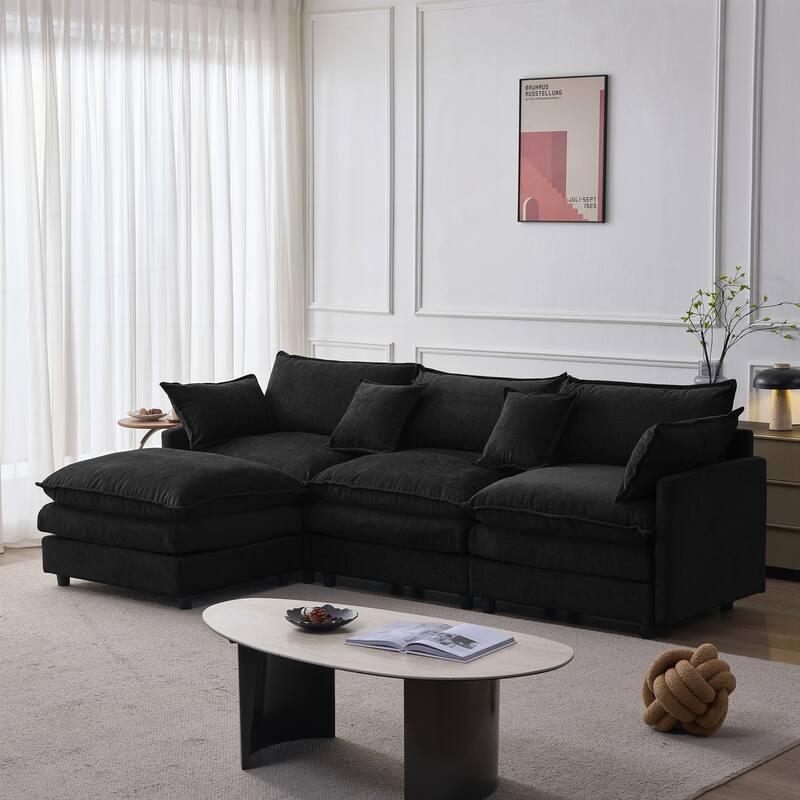 Upholstered Soft Chenille Fabric Sofa,3 Seater with Ottoman L Shape Sofa