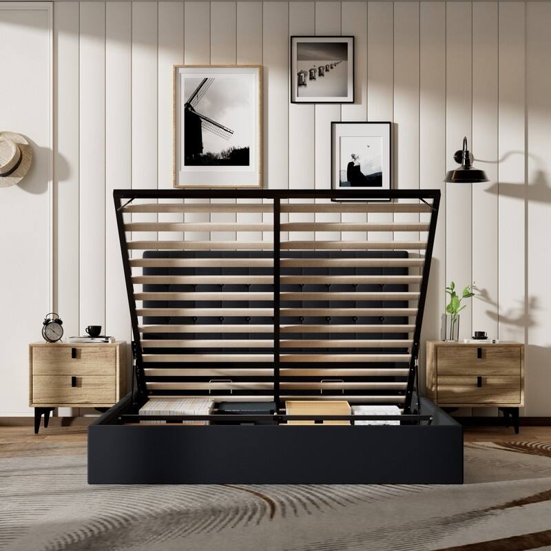 Plywood Frame Upholstered Platform Bed with Lift-up Storage