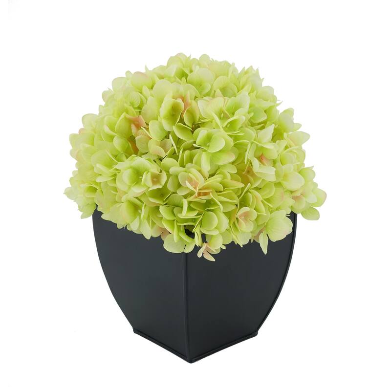 Faux Hydrangea in Black Tapered Zinc Cube - Green