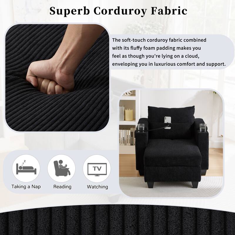 Convertible Chaise Lounge Sofa Chair with USB Ports, Storage 37.4" Corduroy Sleeper Sofa Bed with Adjustable Backrest