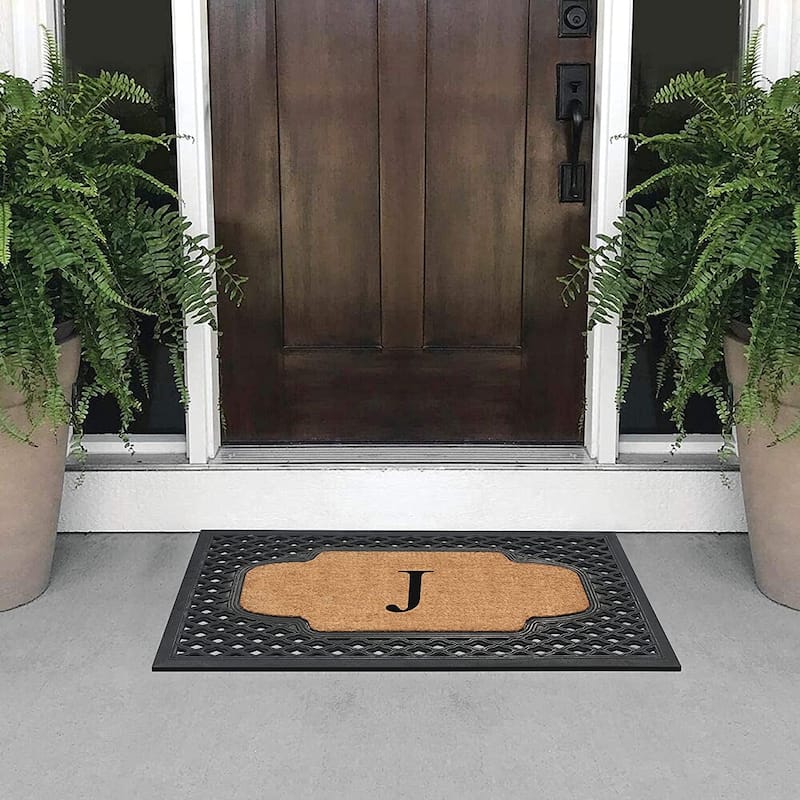 A1HC Mesh Border Rubber and Coir Large Heavy-Duty Outdoor Monogrammed Doormat, 23"X38" Black