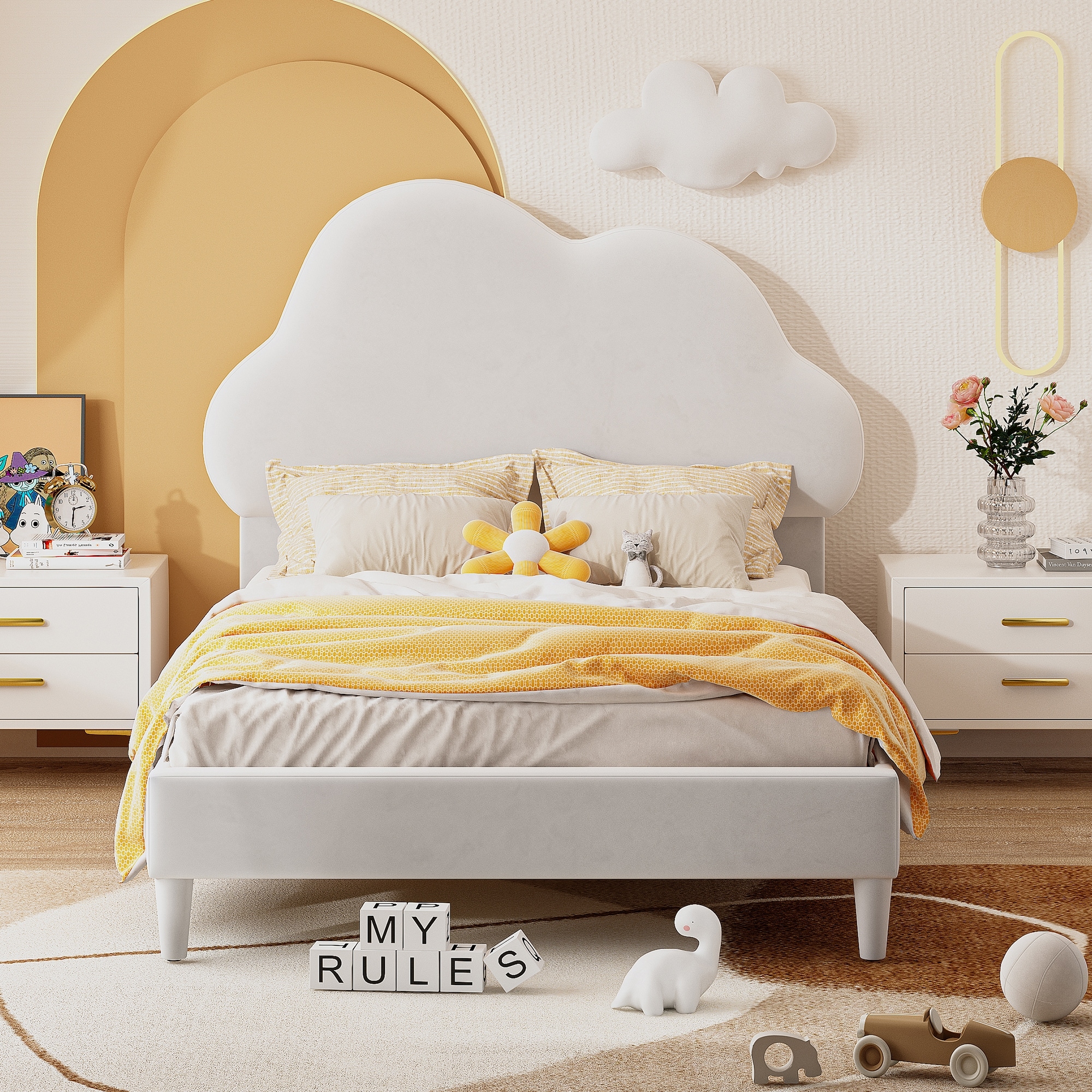 Fairytale Like Kids Bed Velvet Upholstered Bed Frame Platform Bed with Cloud Shape Headboard for Boys Girls Twin Size Pink