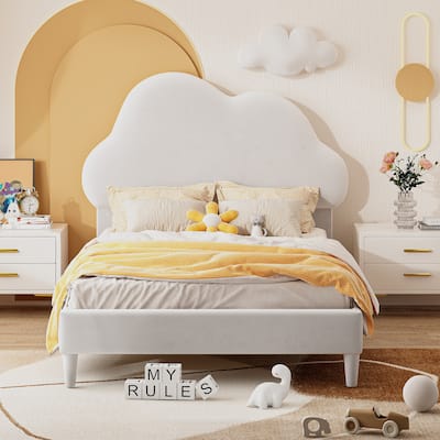 Twin Size Upholstered Cloud-Shape Bed ,Velvet Platform Bed with Headboard