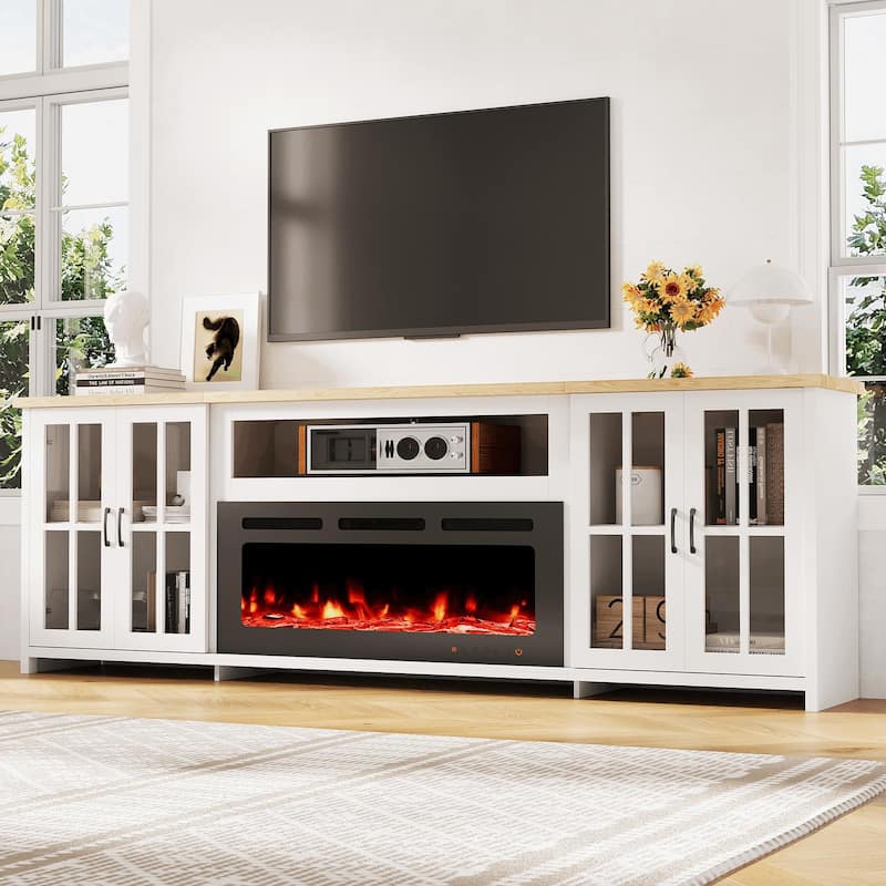 EROMMY 78"/ 97" Fireplace TV Stand with Electric Fireplace, Farmhouse Media Console with LED Lights, Glass Doors