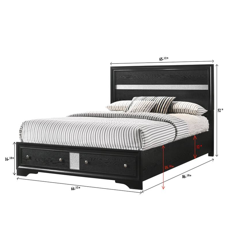 Queen Platform Bed with Storage Drawers, Black Silver Finish, Solid Wood Design