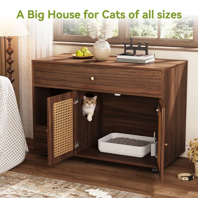37.4'' Cat Litter Box Enclosure with Rolling Casters and Drawers