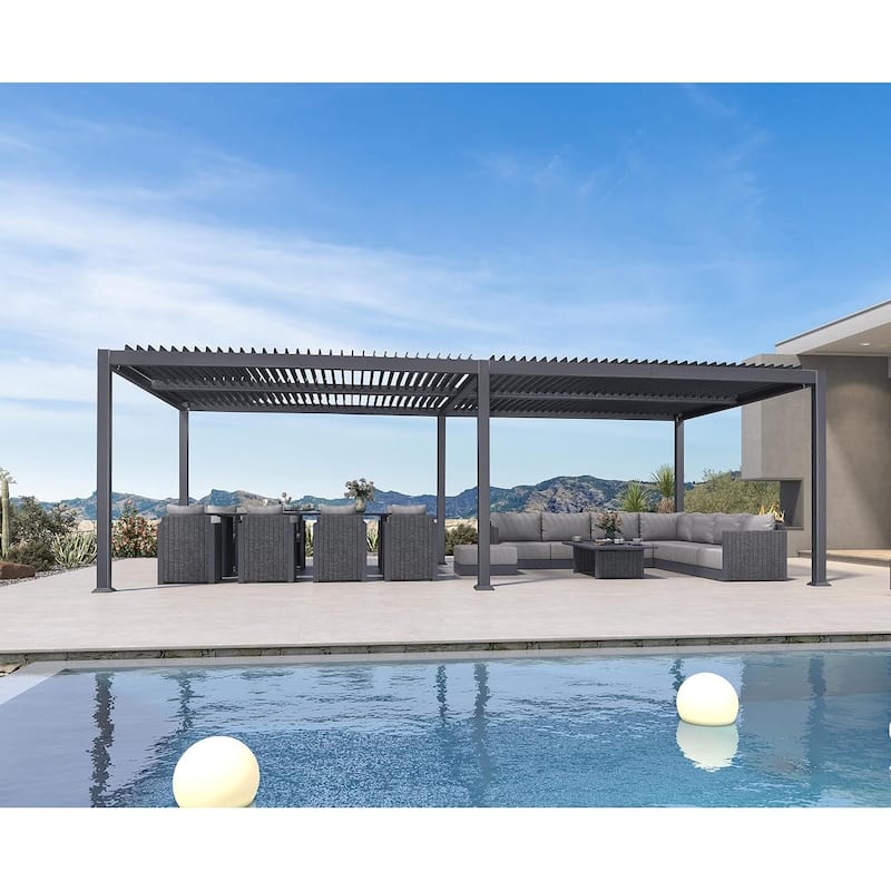 PURPLE LEAF Grey Louvered Sun Shade Pergola - Adjustable Metal Roof for Patio Hardtop Pergola - 10' x 20' - Grey(With Light)