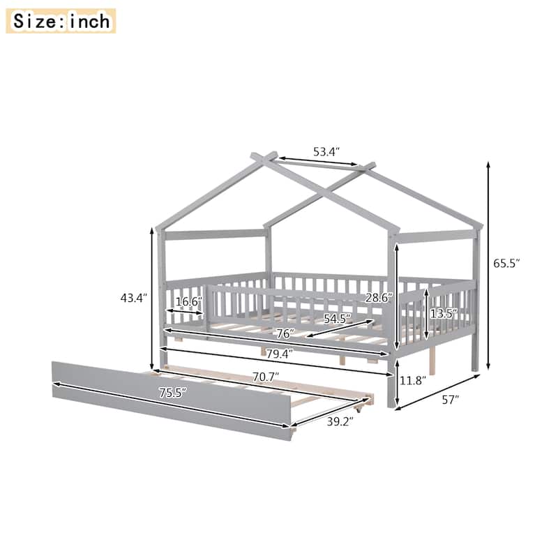 Full Size Wooden House Bed with Twin Size Trundle, Roof and Fence