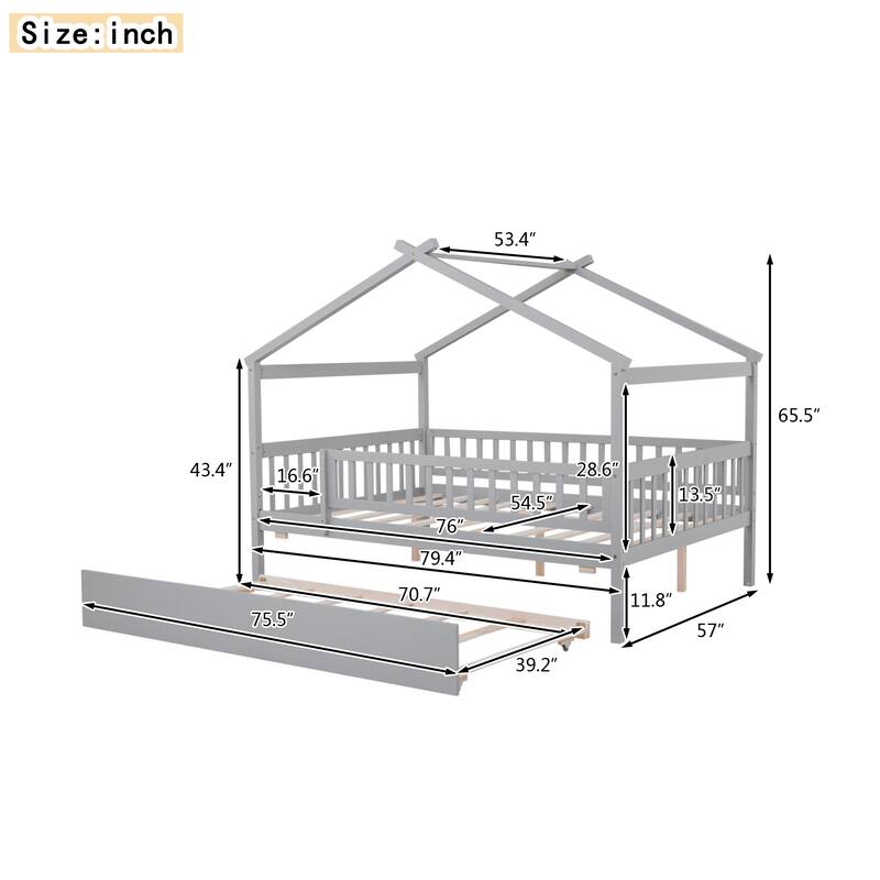 Wooden House Bed for Kids with Twin Trundle, Full/Twin Size, and Durable Pinewood