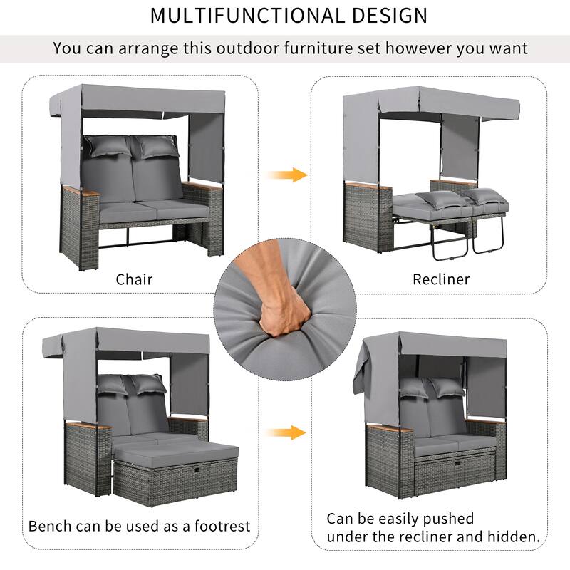 2-Piece Outdoor Patio Rattan Canopy Daybed Sunbed with 5 Positions Adjustable Backrest and Storage Bench