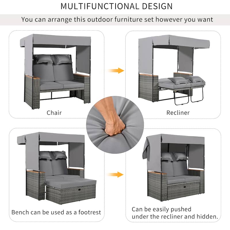 2Piece Rattan Outdoor Patio Bench Lounge Roof Set, Effective UV
