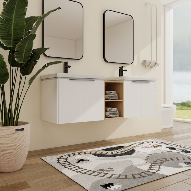 Malwee 24"/36"/48"/60" Floating Bathroom Vanity, Wall Mounted Bathroom Vanity with Ceramic Sink,Soft Close Door and Shelf