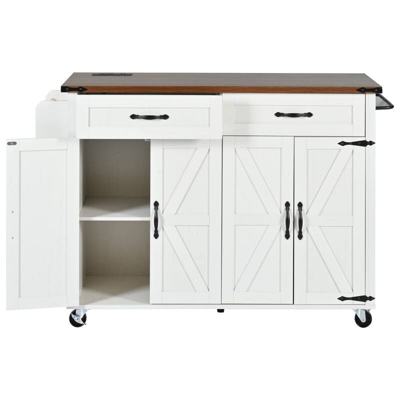 Drop-leaf Kitchen Island on Wheels, Rolling Kitchen Cart with Power Outlet, 4 Door Storage Cabinet, 2 Drawers, for Diningroom