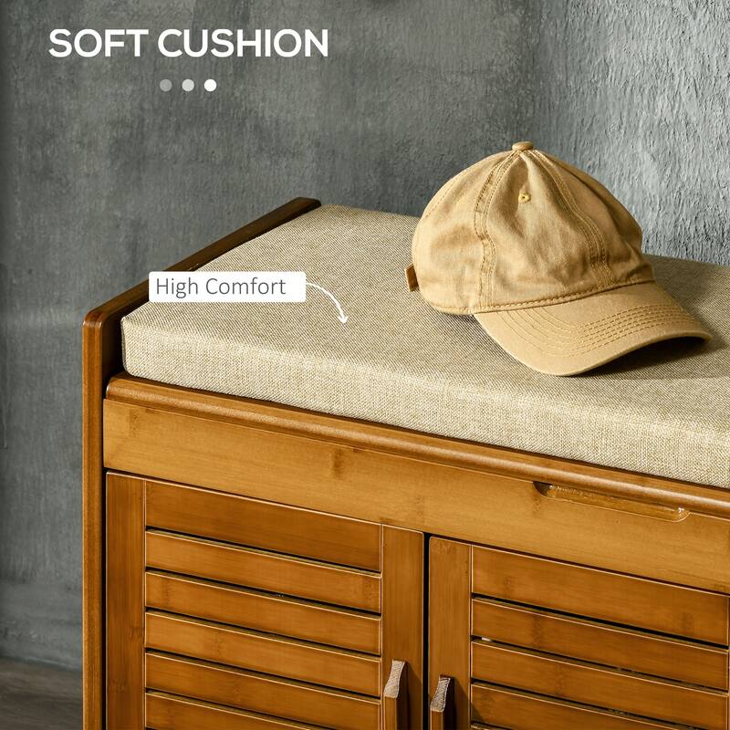 Brown Ottoman Bench Upholstered Seat with Bamboo Frame, Entryway Shoe Bench Corridor Bench with Hidden Compartments